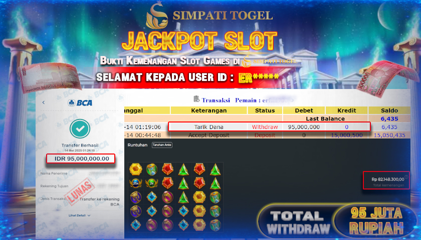 SIMPATITOGEL id : ER*** MENANG BESAR DI SLOT GATES OF OLYMPUS 1000 PRAGMATIC PLAY DENGAN TOTAL WITHDRAW Rp.95.000.000 ,- LUNAS