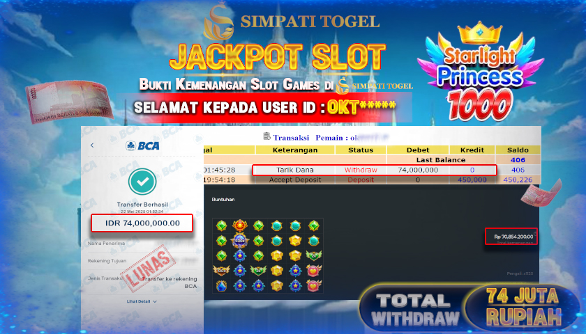 SIMPATITOGEL id : OKT*** MENANG BESAR DI SLOT STARLIGHT PRINCESS 1000 PRAGMATIC PLAY DENGAN TOTAL WITHDRAW Rp.74.000.000 ,- LUNAS