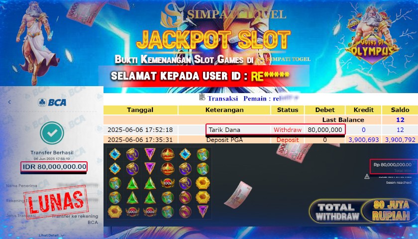 SIMPATITOGEL id :RE*** MENANG BESAR DI GATES OF OLYMPUS DENGAN TOTAL WITHDRAW Rp.80.000.000 ,- LUNAS