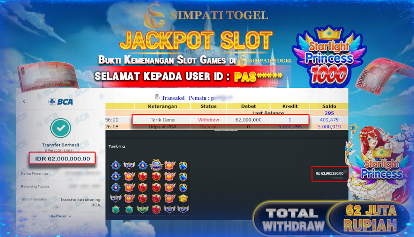 SIMPATITOGEL id : PAS**** MENANG BESAR DI STARLIGHT PRINCESS 1000 PRAGMATIC PLAY DENGAN TOTAL WITHDRAW Rp.62.000.000 ,- LUNAS