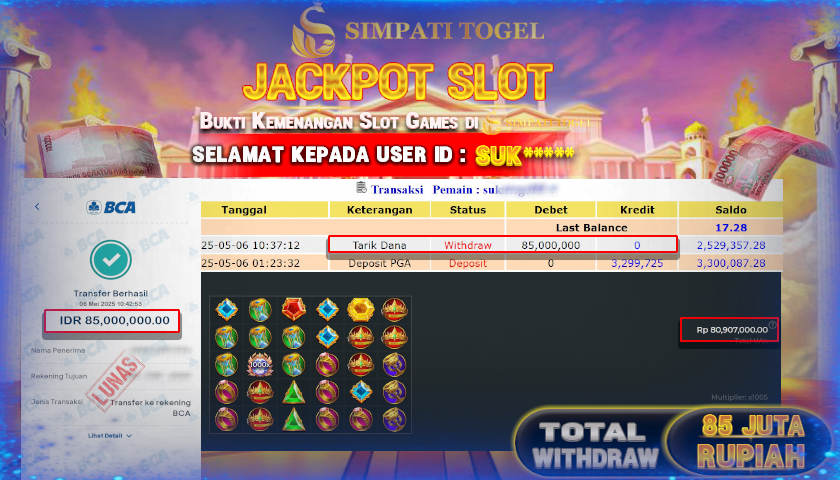 SIMPATITOGEL id : SUK**** MENANG BESAR DI SLOT GATES OF OLYMPUS 1000 PRAGMATIC PLAY DENGAN TOTAL WITHDRAW Rp.85.000.000 ,- LUNAS