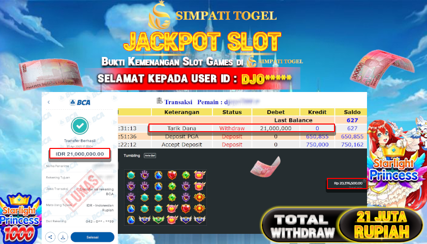 SIMPATITOGEL id : DJO**** MENANG BESAR DI SLOT GAMES STARLIGHT PRINCESS 1000 PRAGMATIC PLAY DENGAN TOTAL WITHDRAW Rp.21.000.000 ,- LUNAS