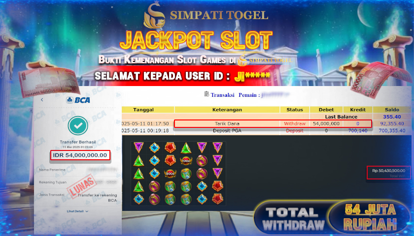 SIMPATITOGEL id : JI**** JACKPOT DI SLOT GATES OF OLYMPUS 1000 TOTAL WITHDRAW Rp.54.000.000 ,- LUNAS