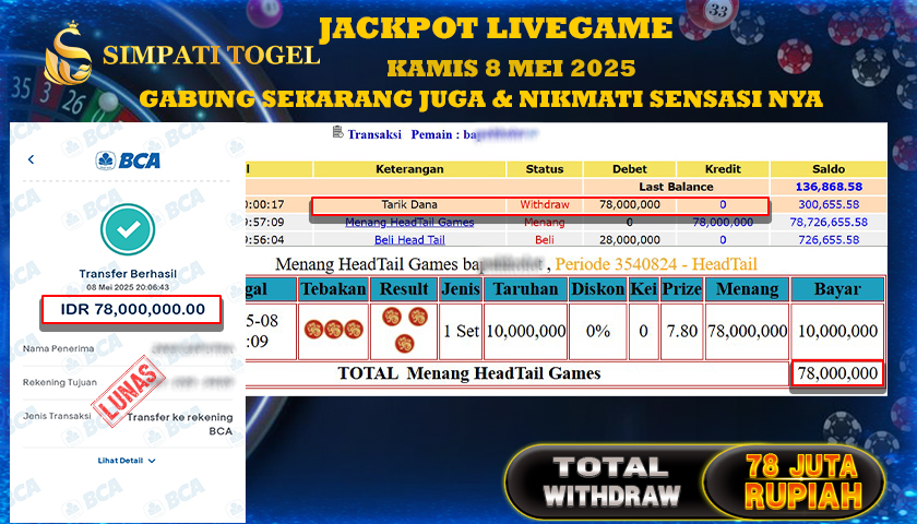 SIMPATITOGEL id : HE**** MENANG BESAR DI LIVE GAME HEADTAIL GAMES DENGAN TOTAL WITHDRAW Rp.78.000.000 ,- LUNAS