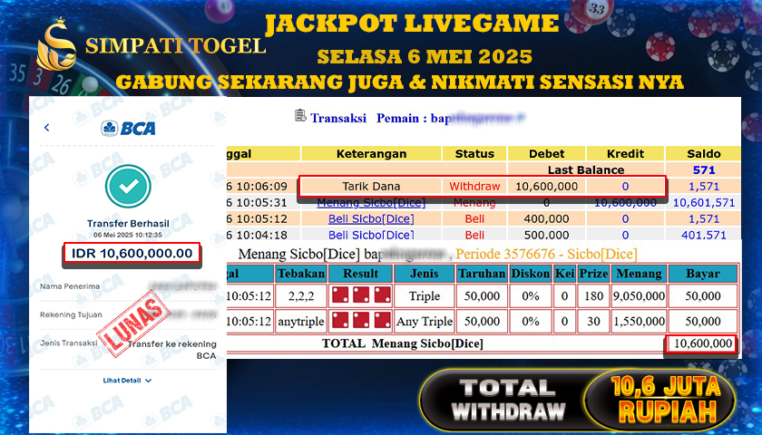 SIMPATITOGEL id : BAP****** MENANG BESAR DI LIVE GAME SICBO DICE TOTAL WITHDRAW Rp.10.600.000 ,- LUNAS