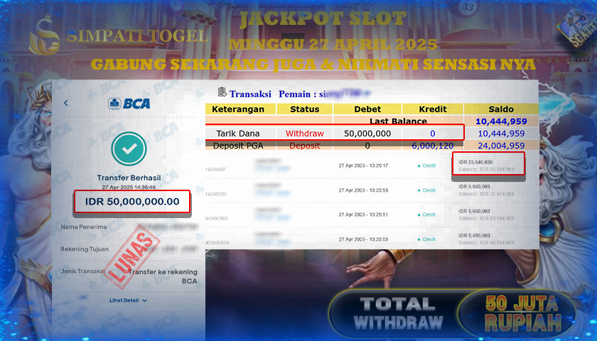 SIMPATITOGEL id : SI**** MENANG BESAR DI SLOT 15.000x MANIA PRAGMATIC PLAY TOTAL WITHDRAW Rp.50.000.000 ,- LUNAS