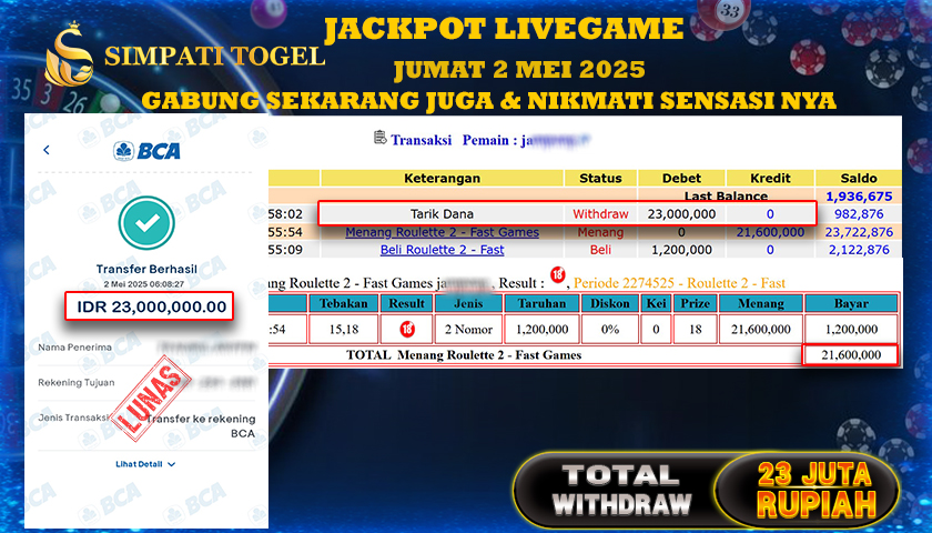 SIMPATITOGEL id : JA**** MENANG BESAR DI LIVE GAME ROULLETE DENGAN TOTAL WITHDRAW Rp.23.000.000 ,- LUNAS