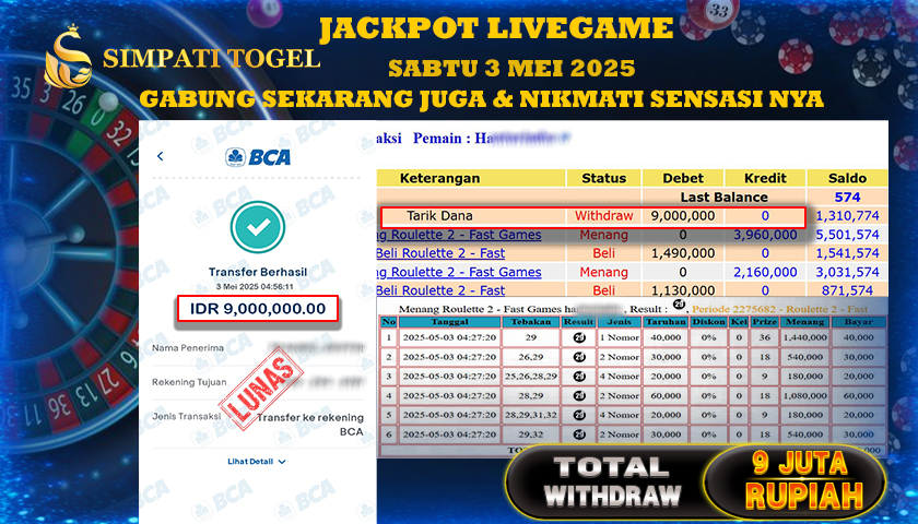 SIMPATITOGEL id : AK**** MENANG DI LIVE GAME ROULLETE TOTAL WITHDRAW Rp.9.000.000 ,- LUNAS