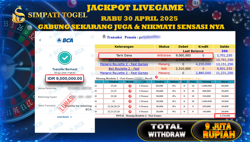 SIMPATITOGEL id : PE**** JACKPOT BESAR DI LIVE GAME ROULLETE TOTAL WITHDRAW Rp.9.000.000 ,- LUNAS