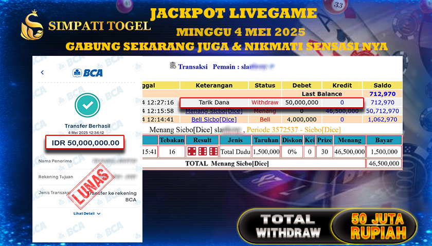 SIMPATITOGEL id : SLA**** MENANG BESAR DI LIVE GAME SICBO DICE DENGAN TOTAL WITHDRAW Rp.50.000.000 ,- LUNAS