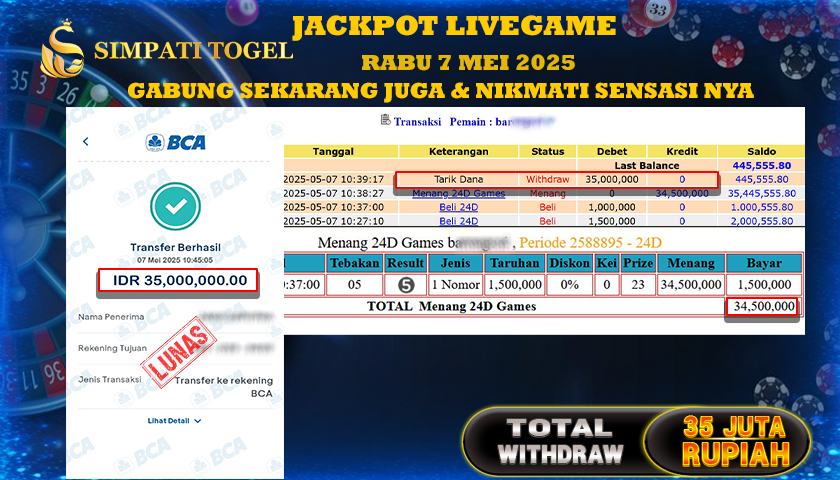 SIMPATITOGEL id : BA**** MENANG BESAR DI LIVE GAME ROULLETE DENGAN TOTAL WITHDRAW Rp.35.000.000 ,- LUNAS