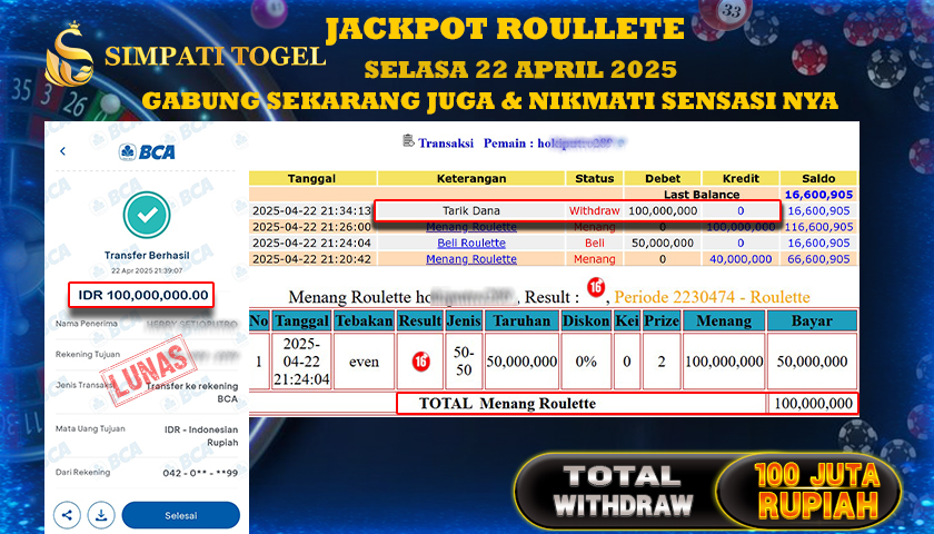 SIMPATITOGEL id : HOK**** KEMENANGAN BESAR DI LIVE GAME ROULLETE TOTAL WITHDRAW Rp.100.000.000 ,- LUNAS