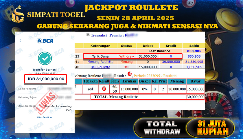 SIMPATITOGEL id : RI**** MENANG BESAR DI LIVE GAME ROULLETE TOTAL WITHDRAW Rp.31.000.000 ,- LUNAS