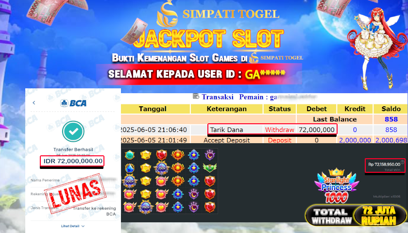SIMPATITOGEL id :GA*** MENANG BESAR DI STARLIGHT PRINCESS DENGAN TOTAL WITHDRAW Rp.72.000.000 ,- LUNAS