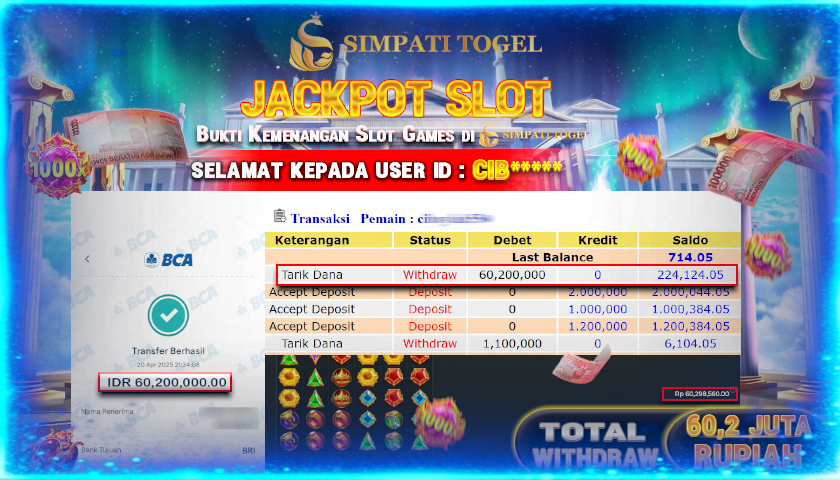 SIMPATITOGEL id : CIB***** JACKPOT SLOT GATES OF OLYMPUS 1000 Rp.60.200.000 ,- LUNAS