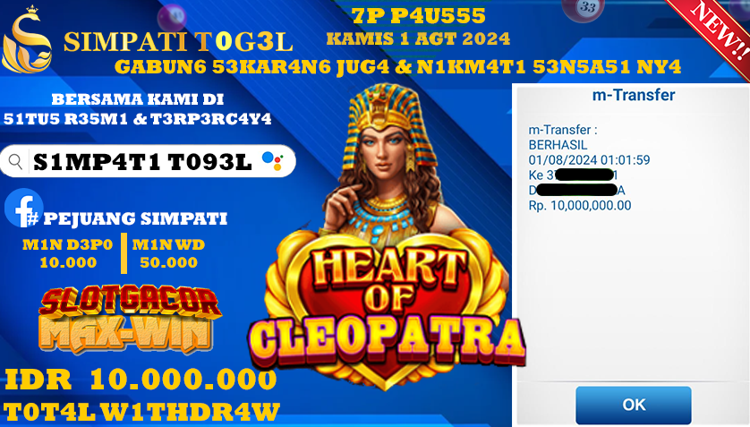 SIMPATITOGEL id : XX****** JACKPOT SLOT HEART OF CLEOPATRA Rp.10.000.000 ,- LUNAS