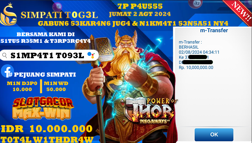 SIMPATITOGEL id : 07***** JACKPOT SLOT POWER OF THOR Rp.10.800.000 ,- LUNAS