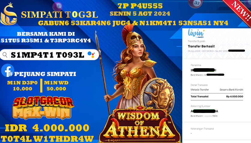 SIMPATITOGEL id : SX**** JACKPOT SLOT WISDOM OF ATHENA Rp.4.000.000 ,- LUNAS