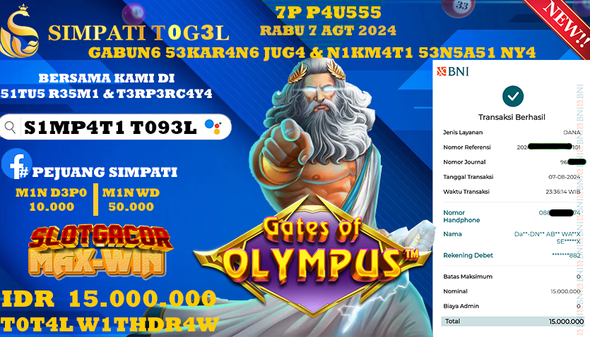SIMPATITOGEL id : 0R****** JACKPOT SLOT GATES OF OLYMPUS Rp.15.000.000 ,- LUNAS