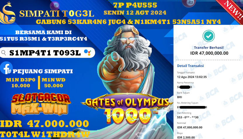 SIMPATITOGEL id : WQ******* JACKPOT SLOT GATES OF OLYMPUS 1000 Rp.47.000.000 ,- LUNAS