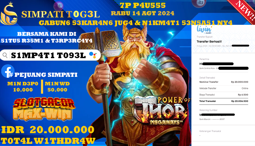 SIMPATITOGEL id : AD*** JACKPOT SLOT POWER OF THOR MEGAWAYS Rp.20.000.000 ,- LUNAS
