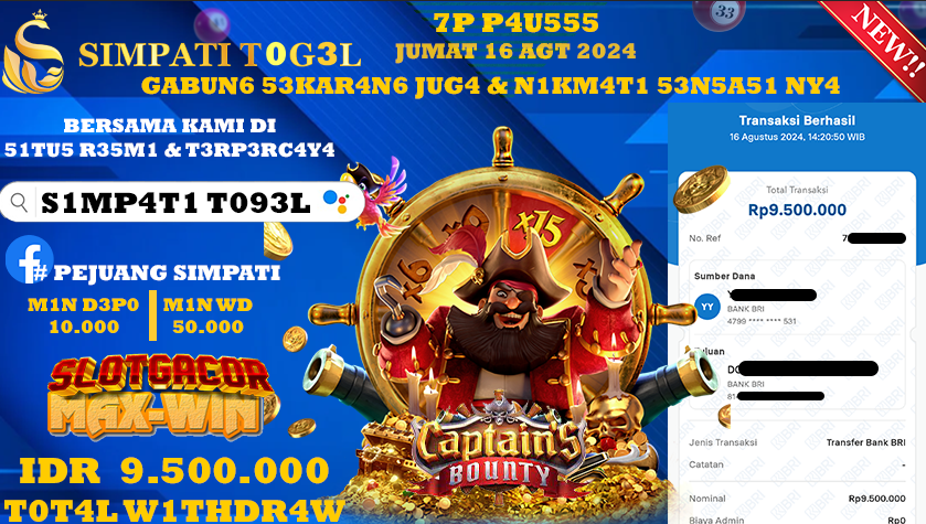 SIMPATITOGEL id : 66***** JACKPOT SLOT CAPTAIN'S BOUNTY Rp.9.500.000 ,- LUNAS