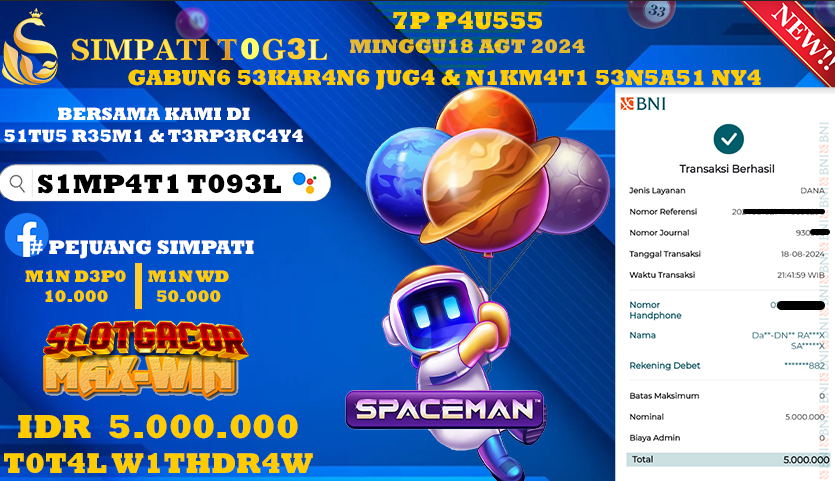 SIMPATITOGEL id : AA**** JACKPOT SPACEMAN Rp.5.000.000 ,- LUNAS