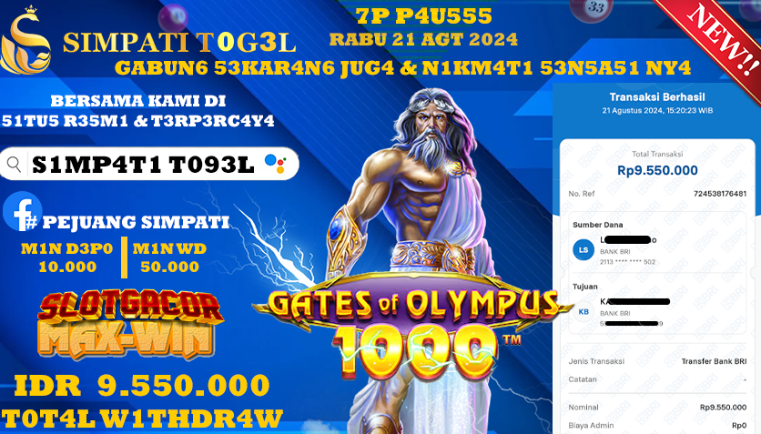 SIMPATITOGEL id : 00** JACKPOT GATES OF OLYMPUS 1000 Rp.9.550.000 ,- LUNAS