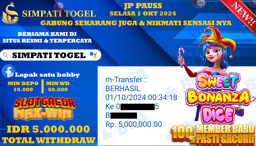 SIMPATITOGEL id : A3**** JACKPOT SWEET BONANZA DICE Rp.5.000.000 ,- LUNAS