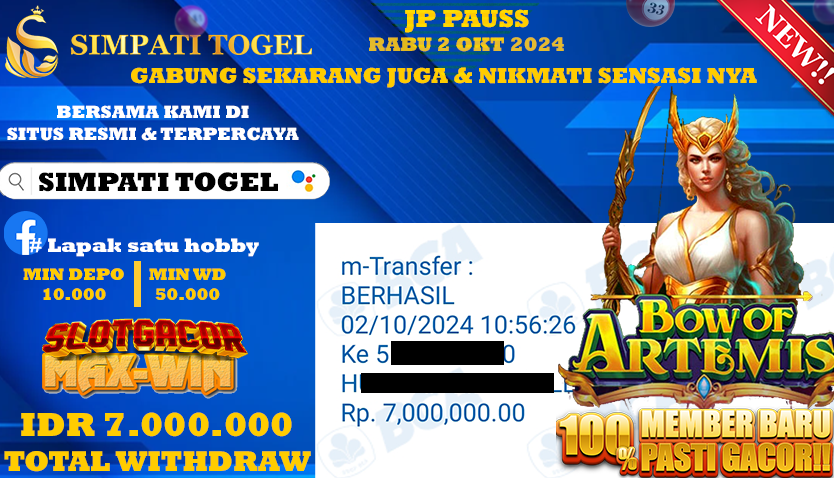 SIMPATITOGEL id : A4**** JACKPOT BOW OF ARTEMIS Rp.7.000.000 ,- LUNAS