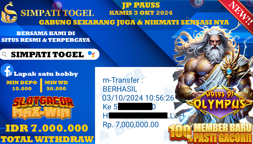 SIMPATITOGEL id : A5**** JACKPOT GATES OF OLYMPUS Rp.7.000.000 ,- LUNAS