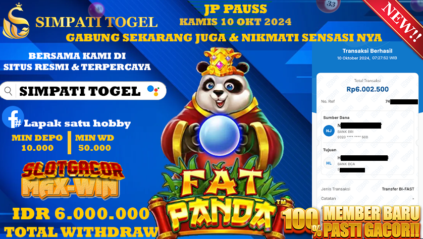 SIMPATITOGEL id : B4**** JACKPOT FAT PANDA Rp.6.000.000 ,- LUNAS
