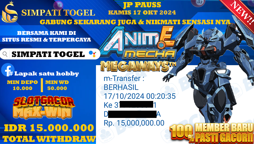 SIMPATITOGEL id : C3**** JACKPOT ANIME MECHA MEGAWAYS Rp.15.000.000 ,- LUNAS