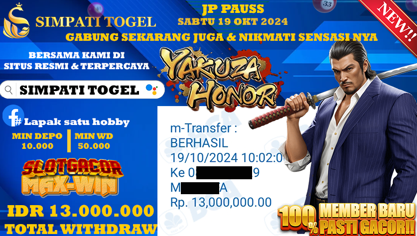 SIMPATITOGEL id : C7**** JACKPOT YAKUZA HONOR Rp.13.000.000 ,- LUNAS