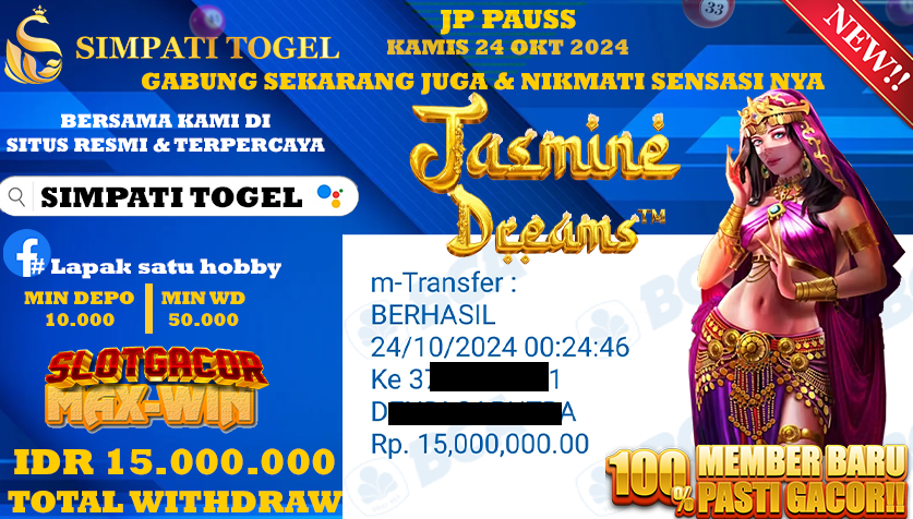 SIMPATITOGEL id : s12**** JACKPOT Jasmine Dreams Rp.15.000.000 ,- LUNAS