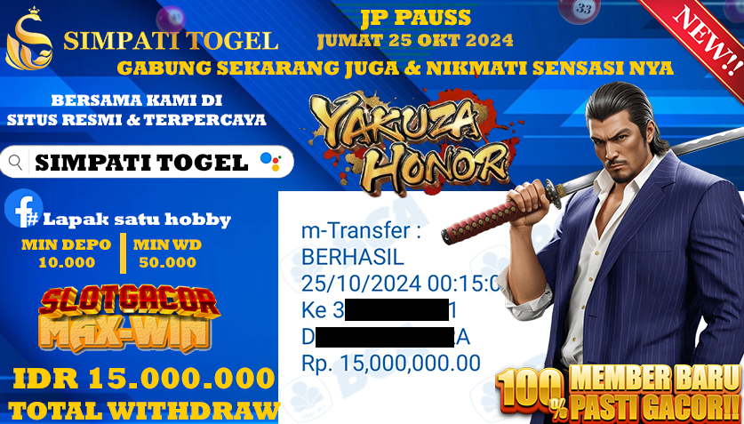 SIMPATITOGEL id : s13**** JACKPOT YAKUZA HONOR Rp.15.000.000 ,- LUNAS