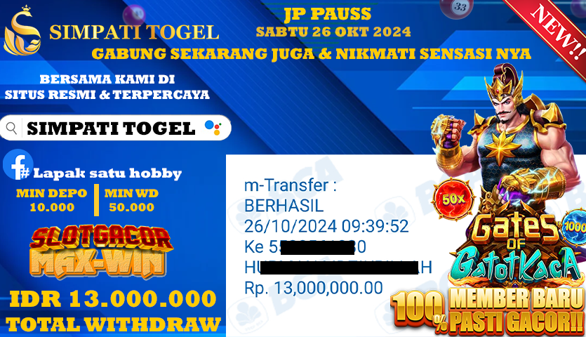 SIMPATITOGEL id : s15**** JACKPOT Gates of Gatotkaca Rp.13.000.000 ,- LUNAS