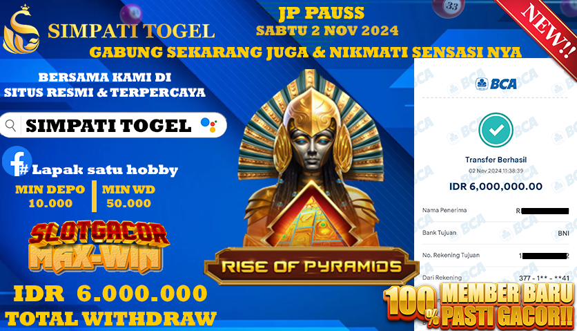 SIMPATITOGEL id : h57**** JACKPOT Rise of Pyramids Rp.6.000.000 ,- LUNAS