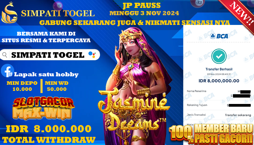 SIMPATITOGEL id : Ko2**** JACKPOT Jasmine Dreams Rp.8.000.000 ,- LUNAS