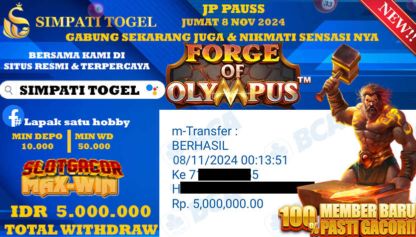 SIMPATITOGEL id : t33**** JACKPOT Forge Of Olympus Rp.5.000.000 ,- LUNAS
