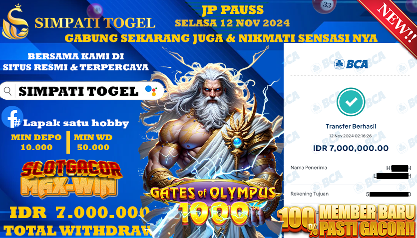 SIMPATITOGEL id : p45**** JACKPOT Gates of Olympus 1000 Rp.7.000.000 ,- LUNAS