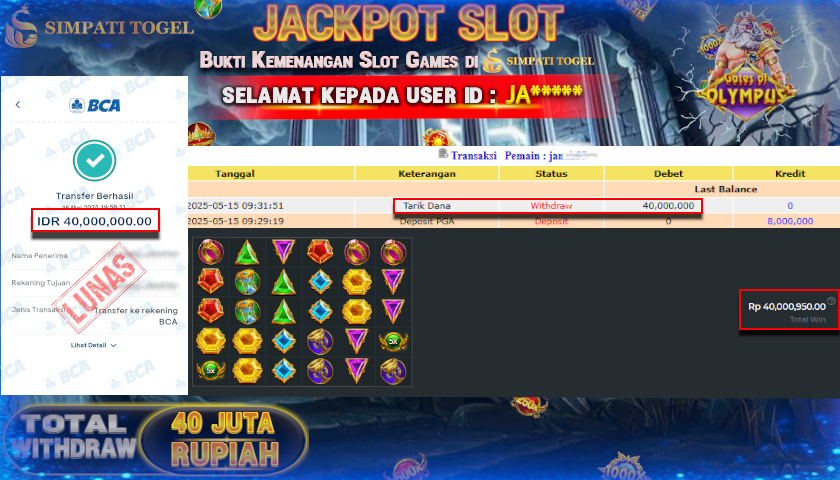 SIMPATITOGEL id : JA*** MENANG BESAR DI SLOT GATES OF OLYMPUS 1000 DENGAN TOTAL WITHDRAW Rp.40.000.000 ,- LUNAS