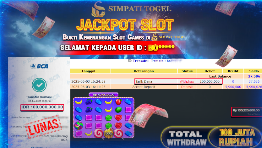 SIMPATITOGEL id :BO*** MENANG BESAR DI SWEET BONANZA DENGAN TOTAL WITHDRAW Rp.100.000.000 ,- LUNAS