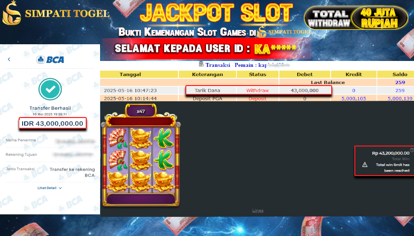 SIMPATITOGEL id : KA*** MENANG BESAR DI SLOT Lucky Phoenix Pragmatic Play DENGAN TOTAL WITHDRAW Rp.43.000.000 ,- LUNAS