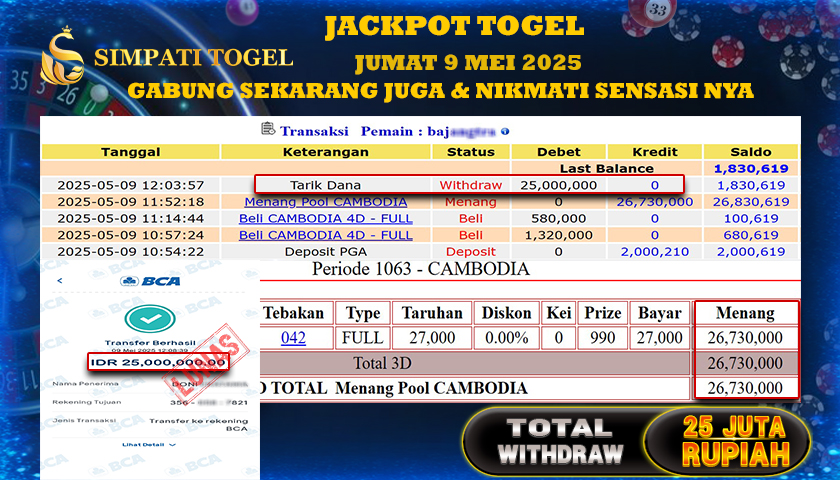 SIMPATITOGEL id : BAJ***** MENANG BESAR DI TOGEL CAMBODIA POLLS TOTAL WITHDRAW Rp.25.000.000 ,- LUNAS