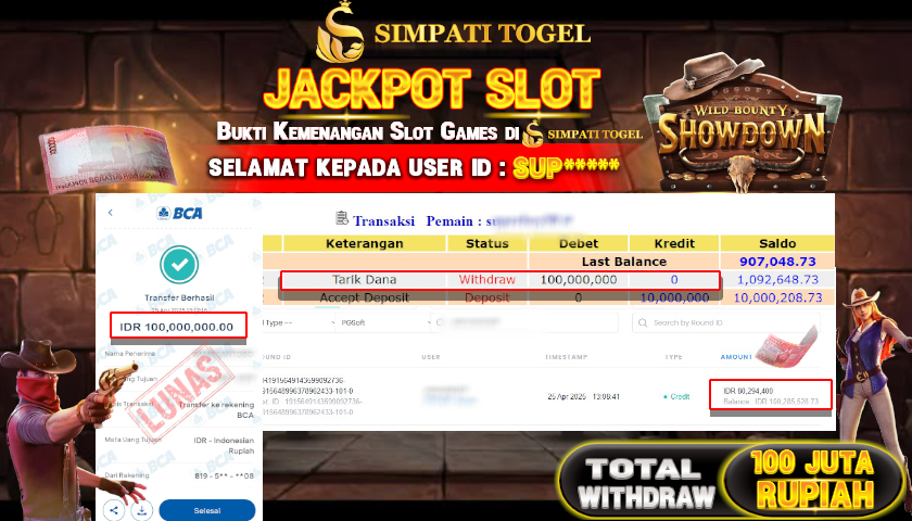 SIMPATITOGEL id : SUP**** MENANG BESAR DI SLOT GAMES WILD BOUNTY SHOWDOWN PGSoft DENGAN TOTAL WITHDRAW Rp.100.000.000 ,- LUNAS
